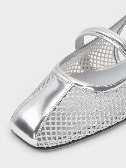Ellory Mesh Slingback Mary Jane Flats - Silver | CHARLES & KEITH