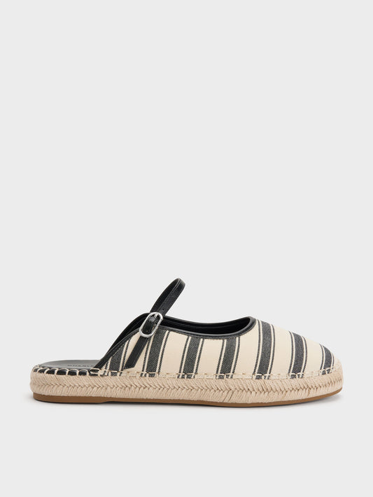Striped Mary Jane Espadrille Mules - Black Textured | CHARLES & KEITH