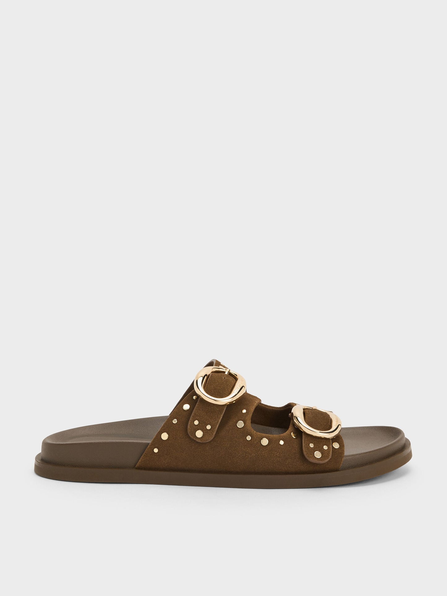 Studded Buckled Double-Strap Slides - Brown | CHARLES & KEITH