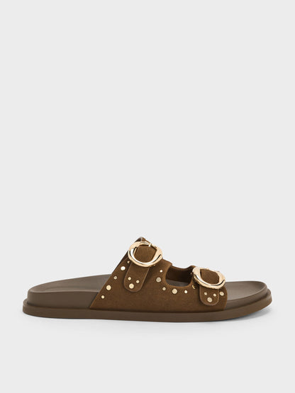 Studded Buckled Double-Strap Slides - Brown | CHARLES & KEITH