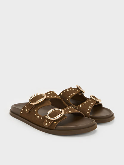 Studded Buckled Double-Strap Slides - Brown | CHARLES & KEITH