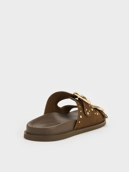 Studded Buckled Double-Strap Slides - Brown | CHARLES & KEITH