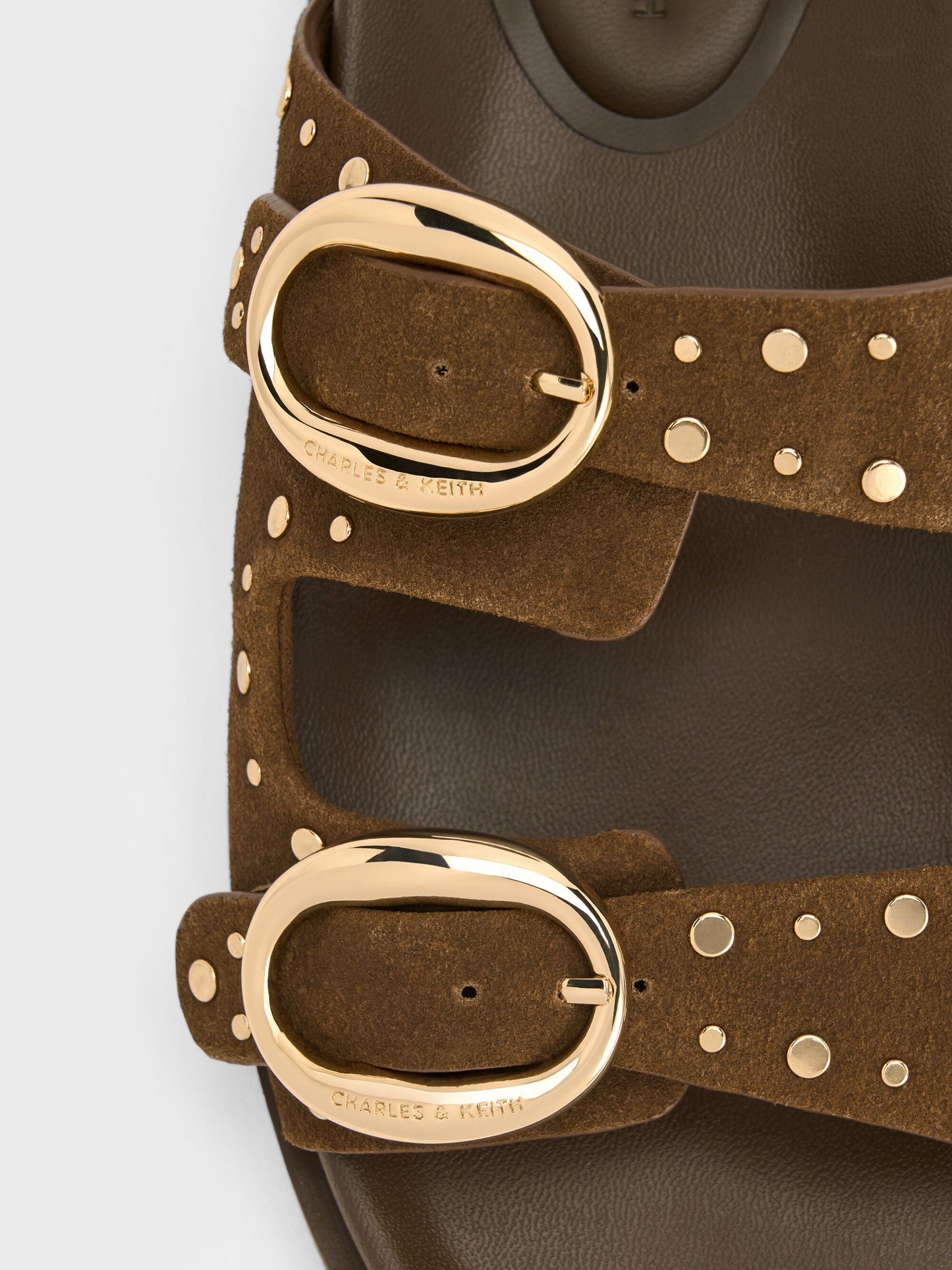 Studded Buckled Double-Strap Slides - Brown | CHARLES & KEITH