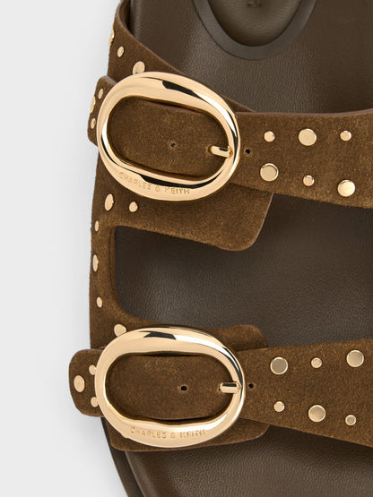 Studded Buckled Double-Strap Slides - Brown | CHARLES & KEITH