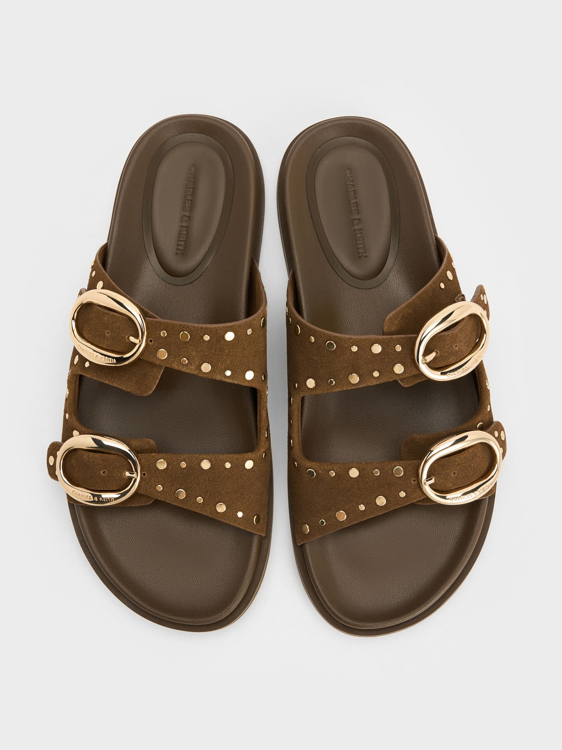 Studded Buckled Double-Strap Slides - Brown | CHARLES & KEITH