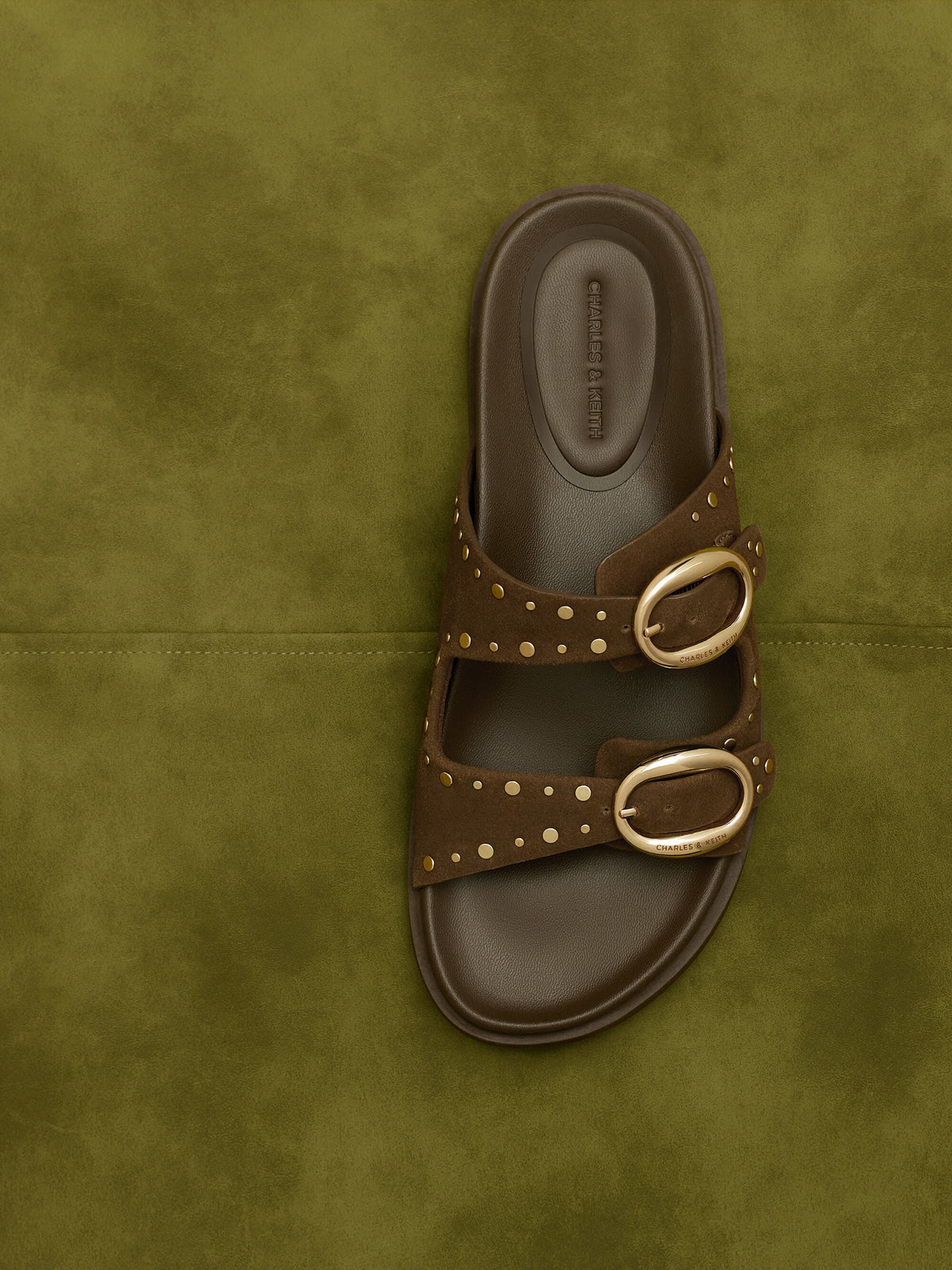 Studded Buckled Double-Strap Slides - Brown | CHARLES & KEITH