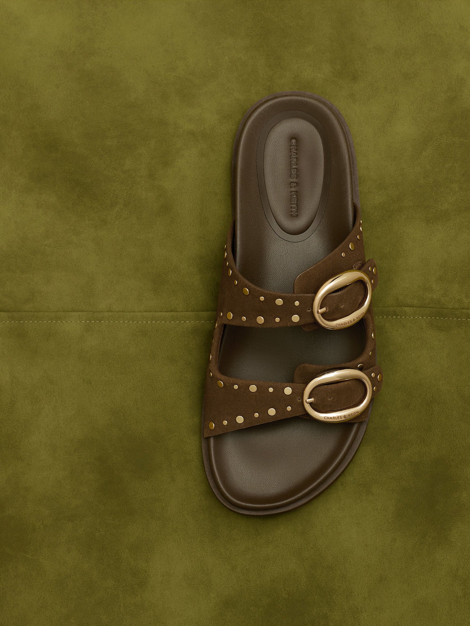 Studded Buckled Double-Strap Slides - Brown | CHARLES & KEITH