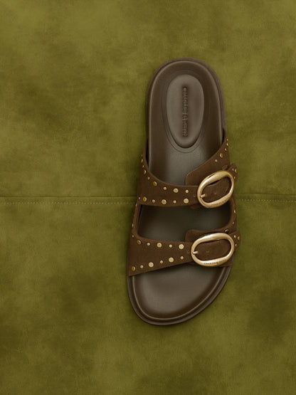 Studded Buckled Double-Strap Slides - Brown | CHARLES & KEITH