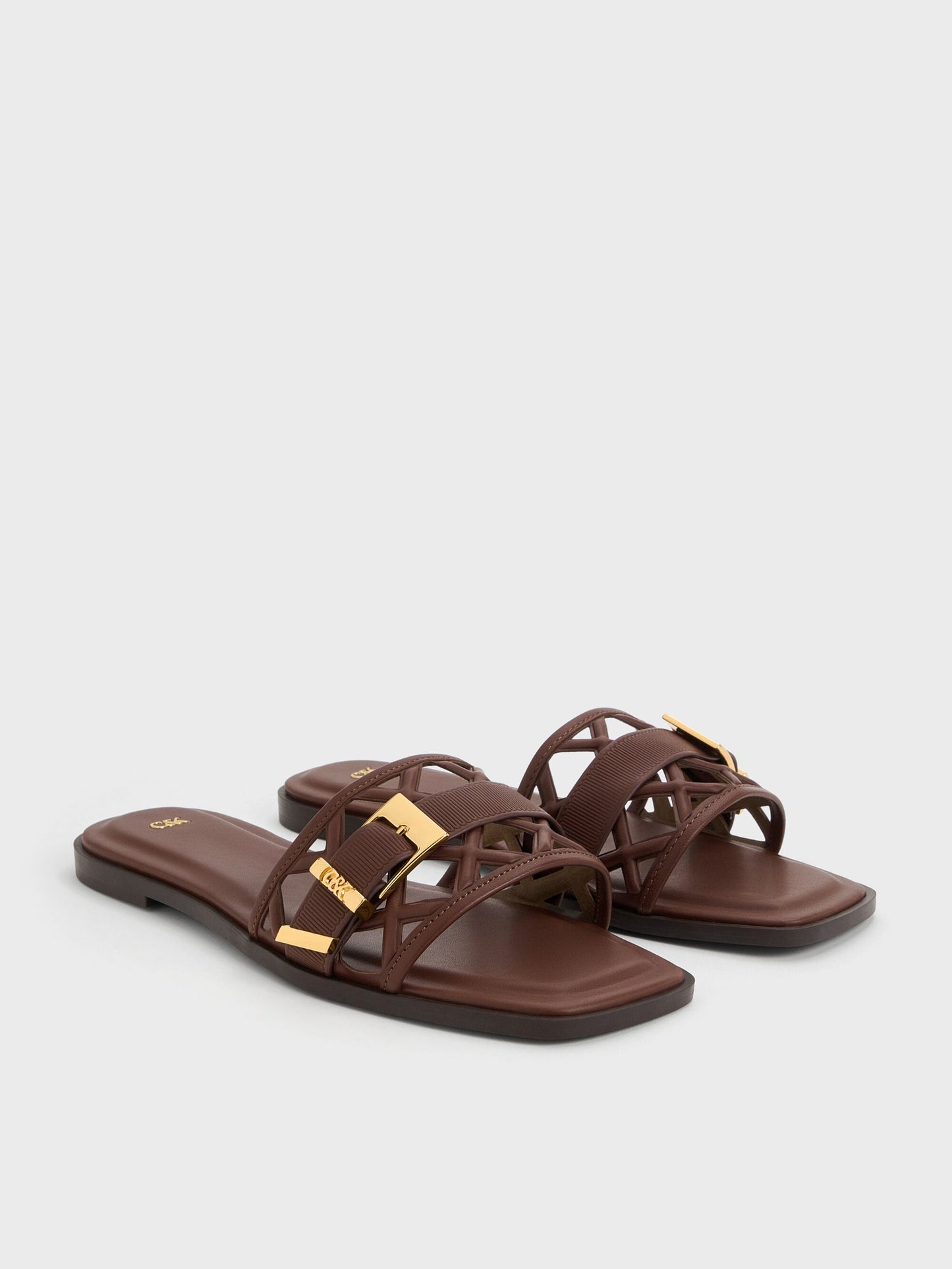 Whitney Leather Cut-Out Slide Sandals - Brown | CHARLES & KEITH