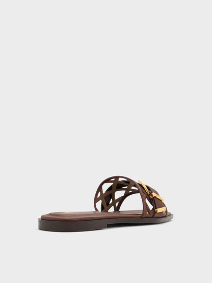 Whitney Leather Cut-Out Slide Sandals - Brown | CHARLES & KEITH