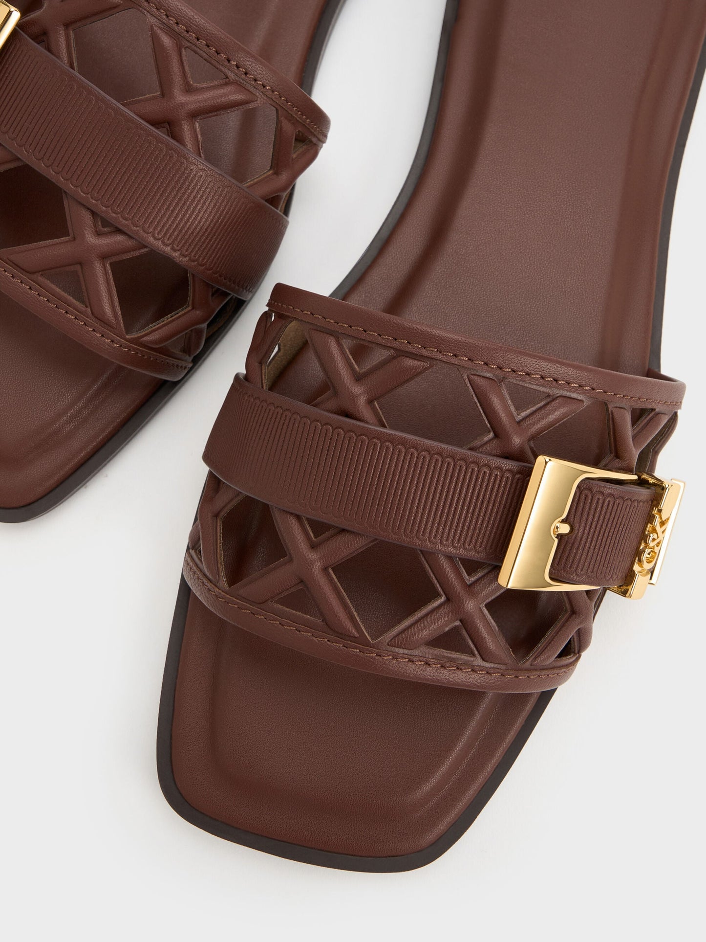 Whitney Leather Cut-Out Slide Sandals - Brown | CHARLES & KEITH