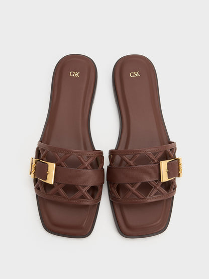 Whitney Leather Cut-Out Slide Sandals - Brown | CHARLES & KEITH