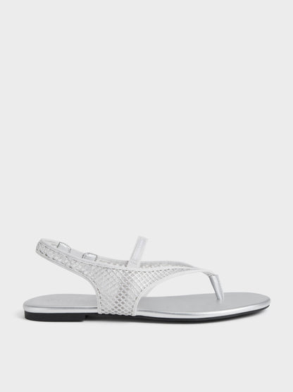 Ellory Mesh Thong Slingback Sandals - Silver | CHARLES & KEITH