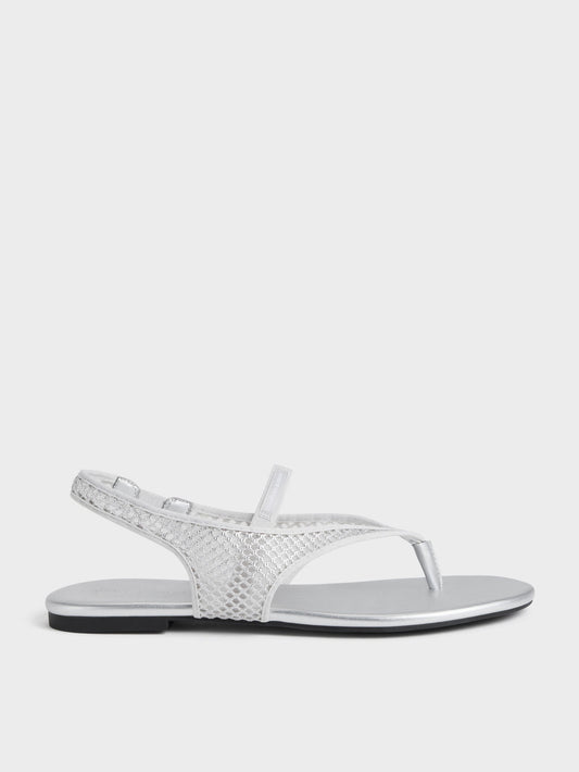 Ellory Mesh Thong Slingback Sandals - Silver | CHARLES & KEITH