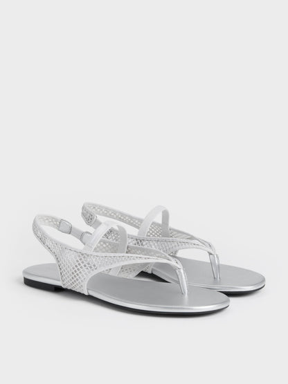 Ellory Mesh Thong Slingback Sandals - Silver | CHARLES & KEITH