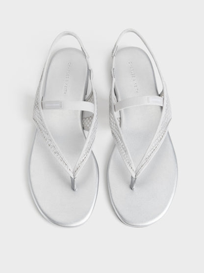 Ellory Mesh Thong Slingback Sandals - Silver | CHARLES & KEITH
