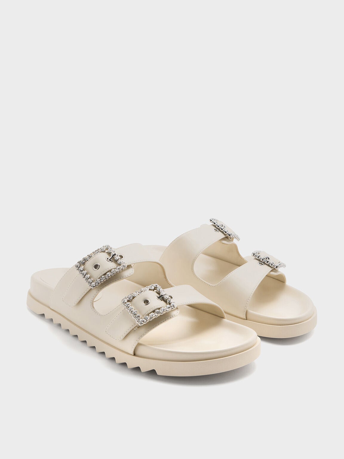 Gem-Buckle Double-Strap Sandals - Chalk | CHARLES & KEITH
