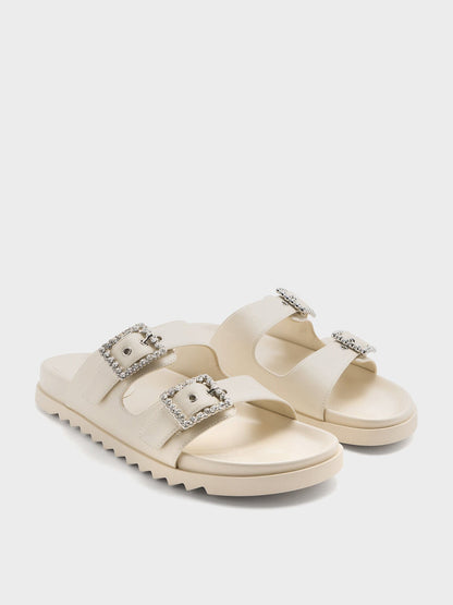 Gem-Buckle Double-Strap Sandals - Chalk | CHARLES & KEITH