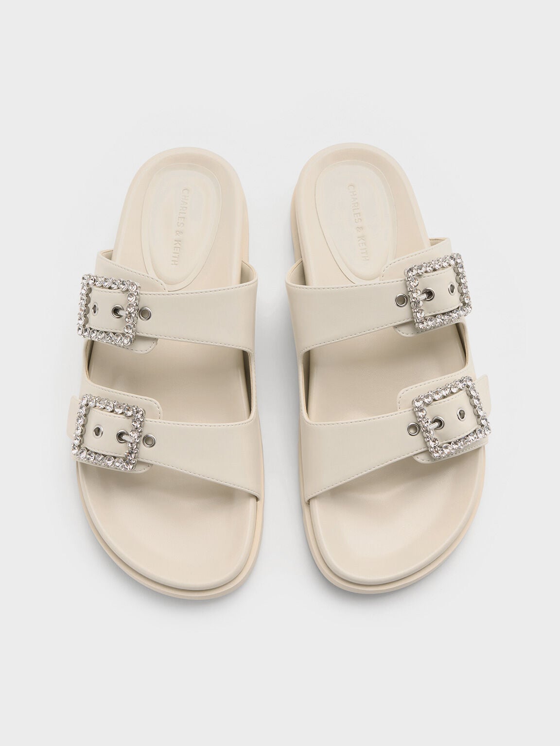 Gem-Buckle Double-Strap Sandals - Chalk | CHARLES & KEITH