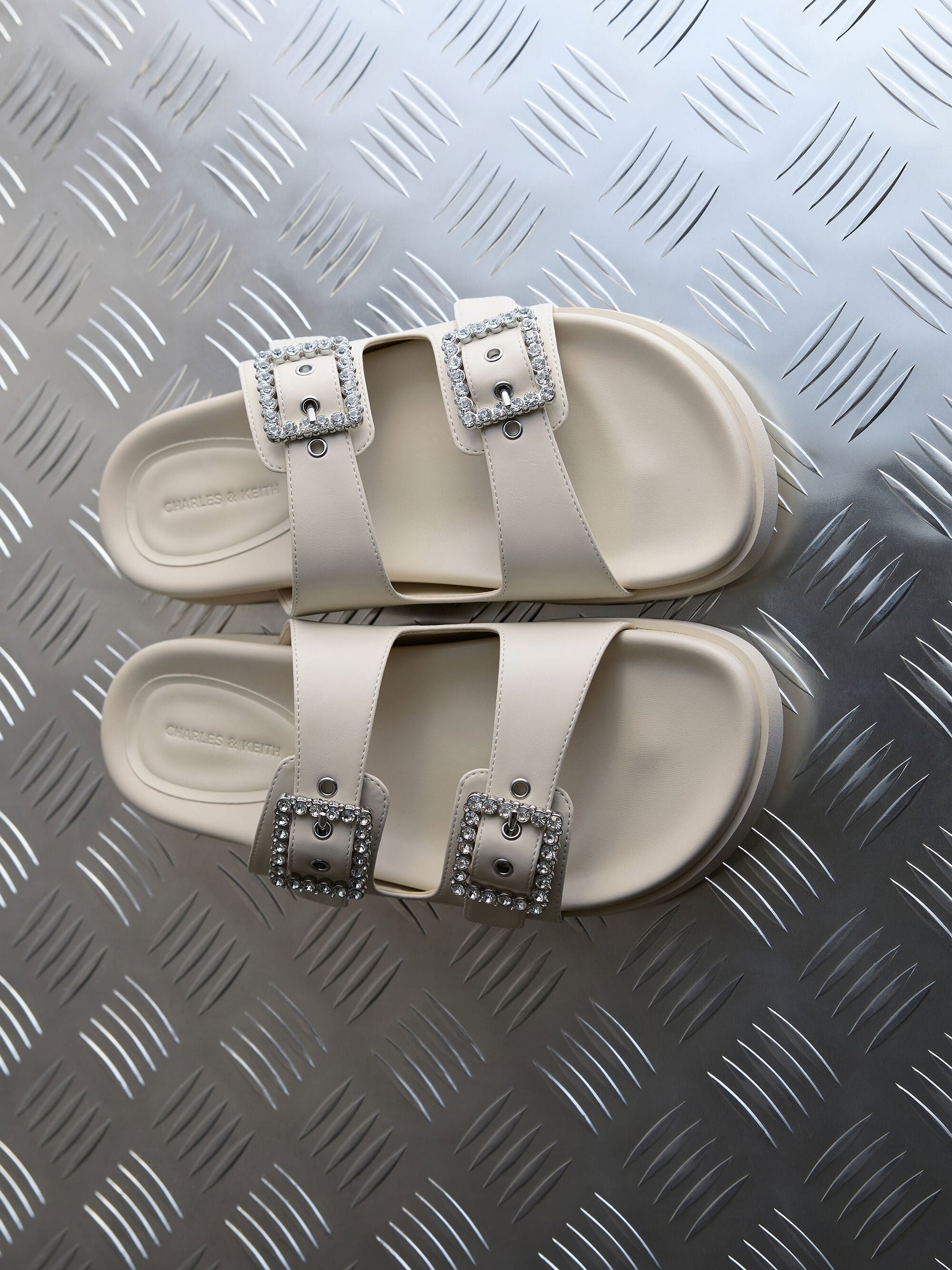 Gem-Buckle Double-Strap Sandals - Chalk | CHARLES & KEITH