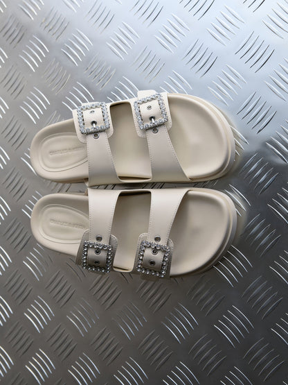Gem-Buckle Double-Strap Sandals - Chalk | CHARLES & KEITH