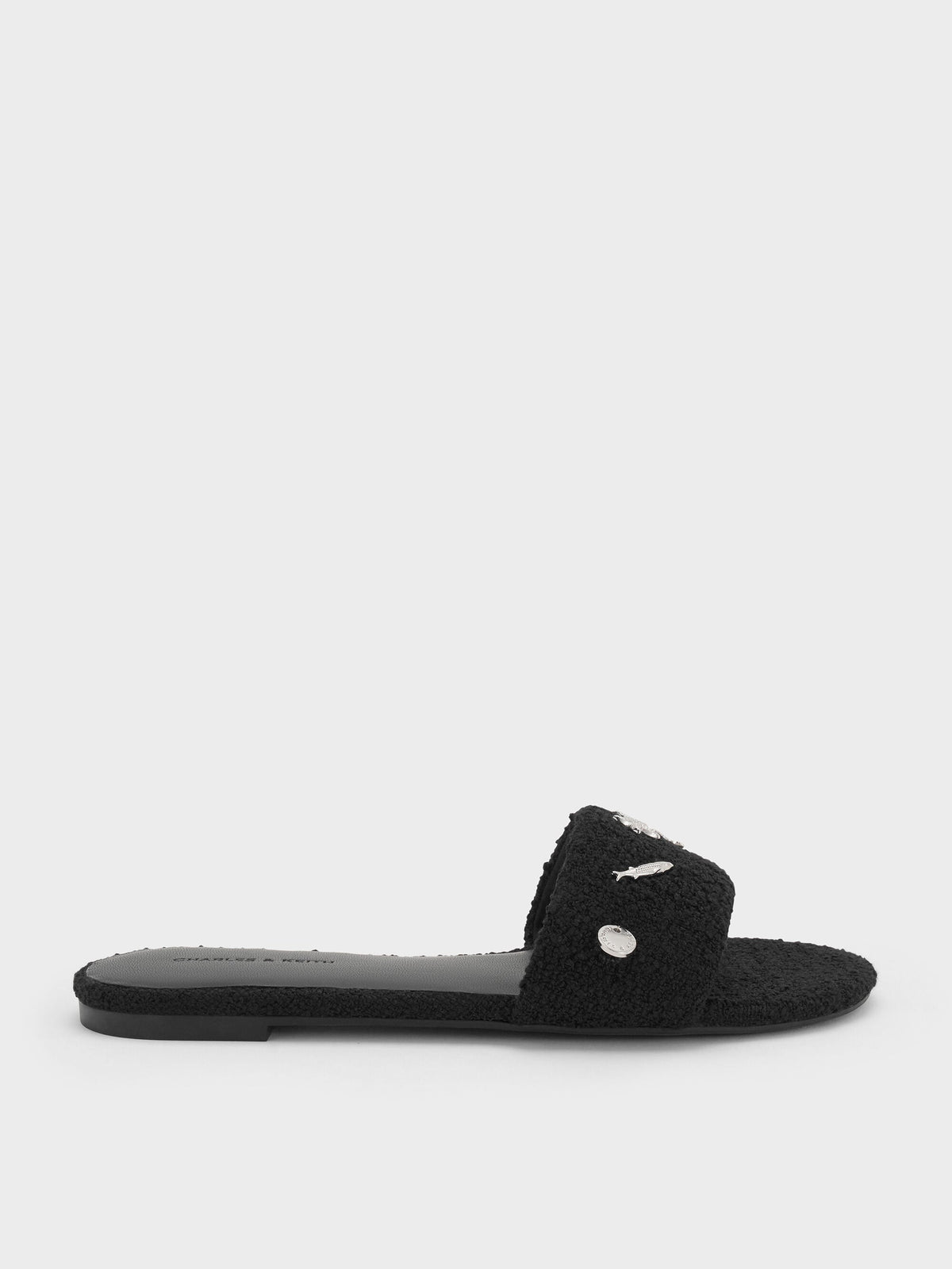 Tweed Beach Slide Sandals - Black Textured | CHARLES & KEITH