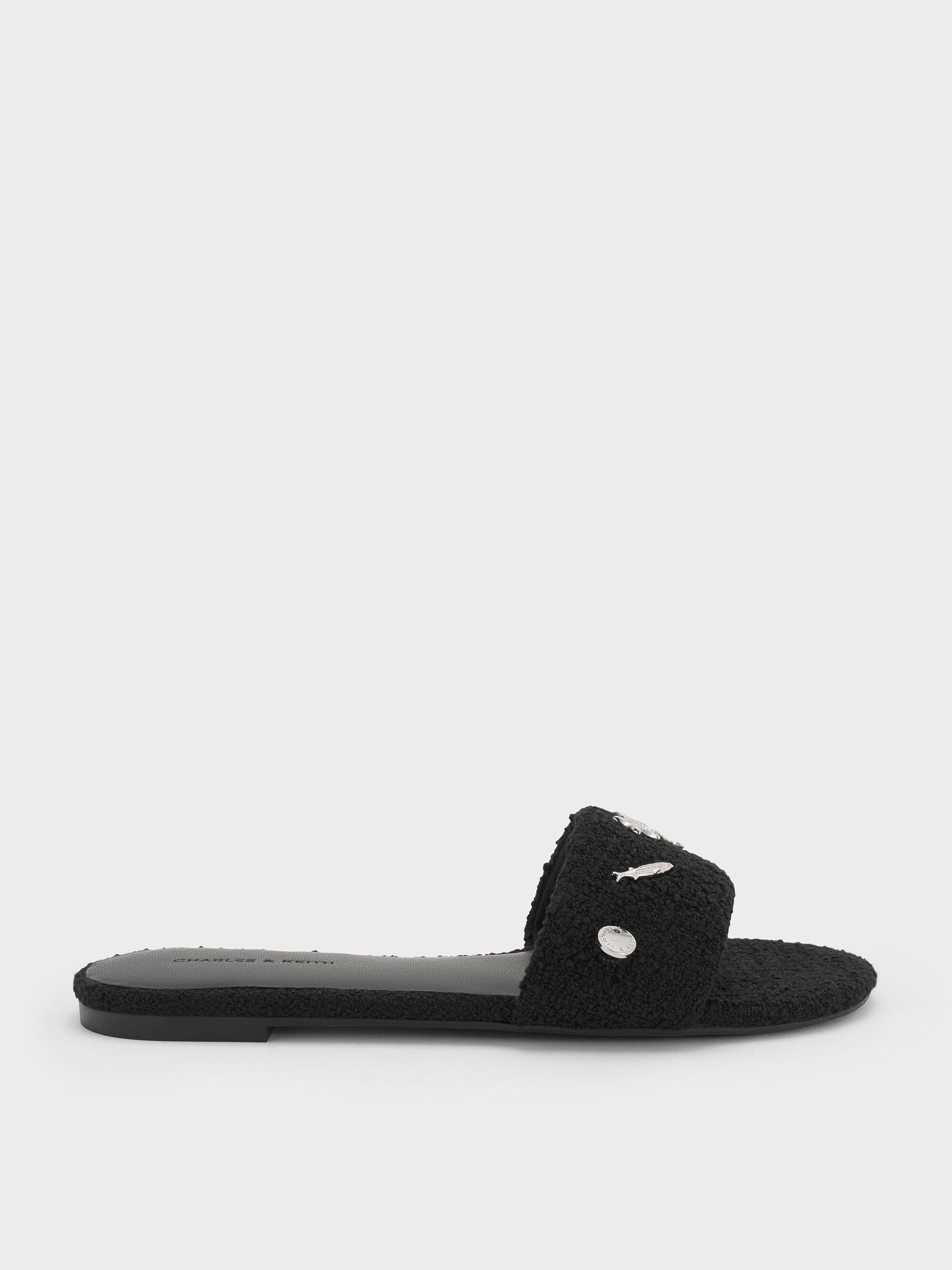 Tweed Beach Slide Sandals - Black Textured | CHARLES & KEITH