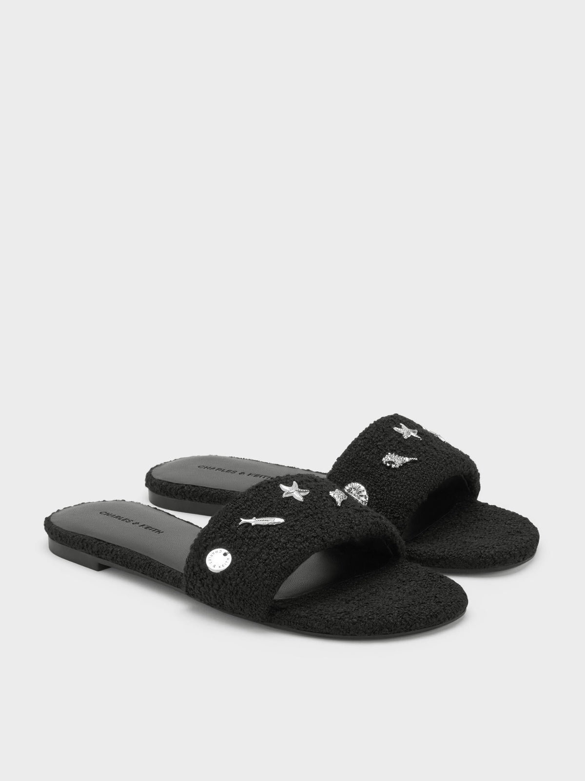 Tweed Beach Slide Sandals - Black Textured | CHARLES & KEITH