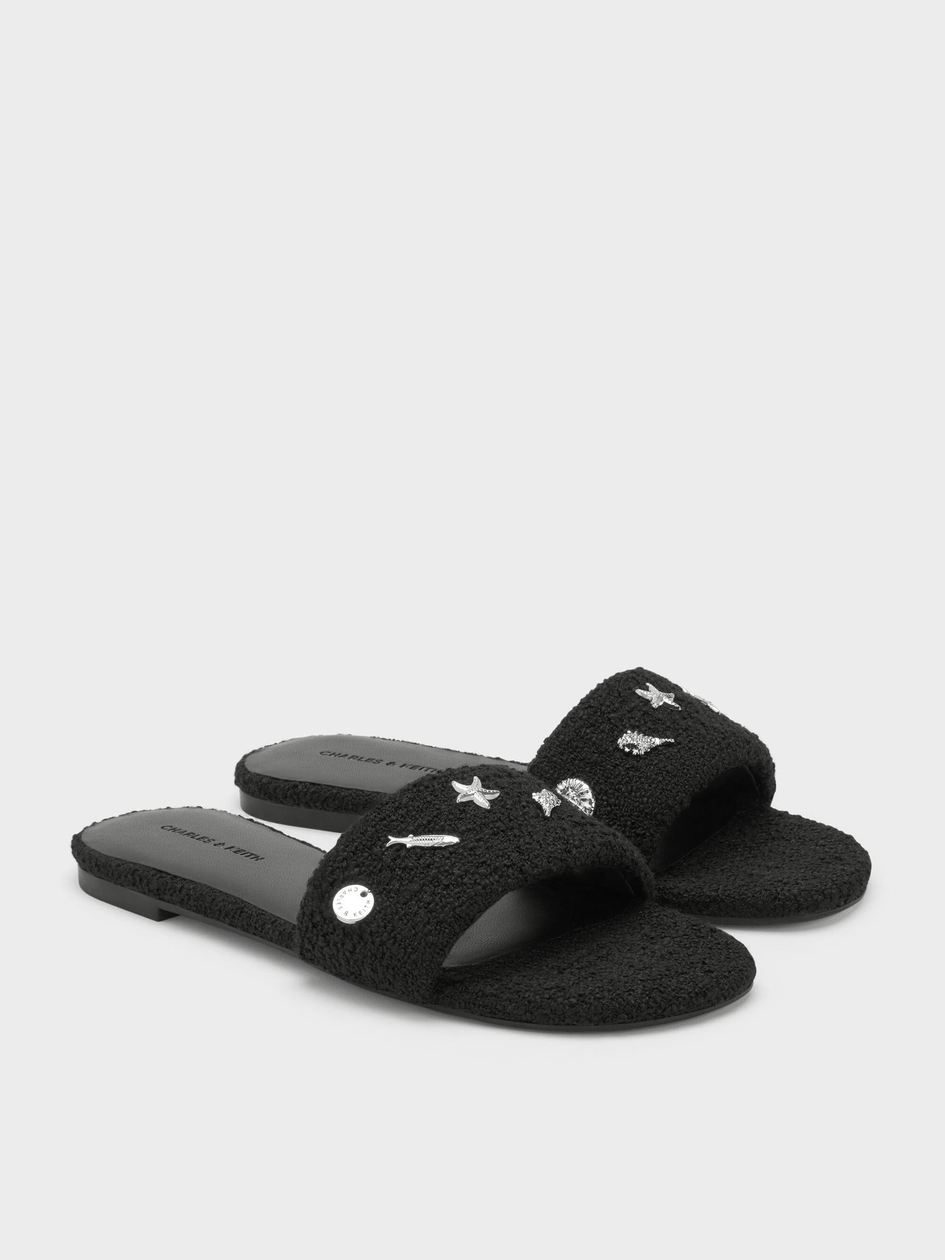 Tweed Beach Slide Sandals - Black Textured | CHARLES & KEITH