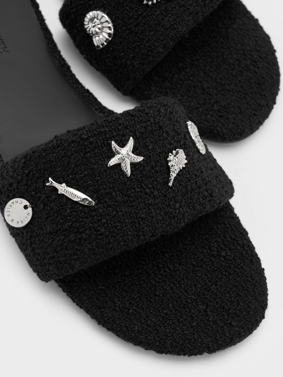 Tweed Beach Slide Sandals - Black Textured | CHARLES & KEITH