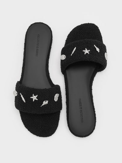 Tweed Beach Slide Sandals - Black Textured | CHARLES & KEITH