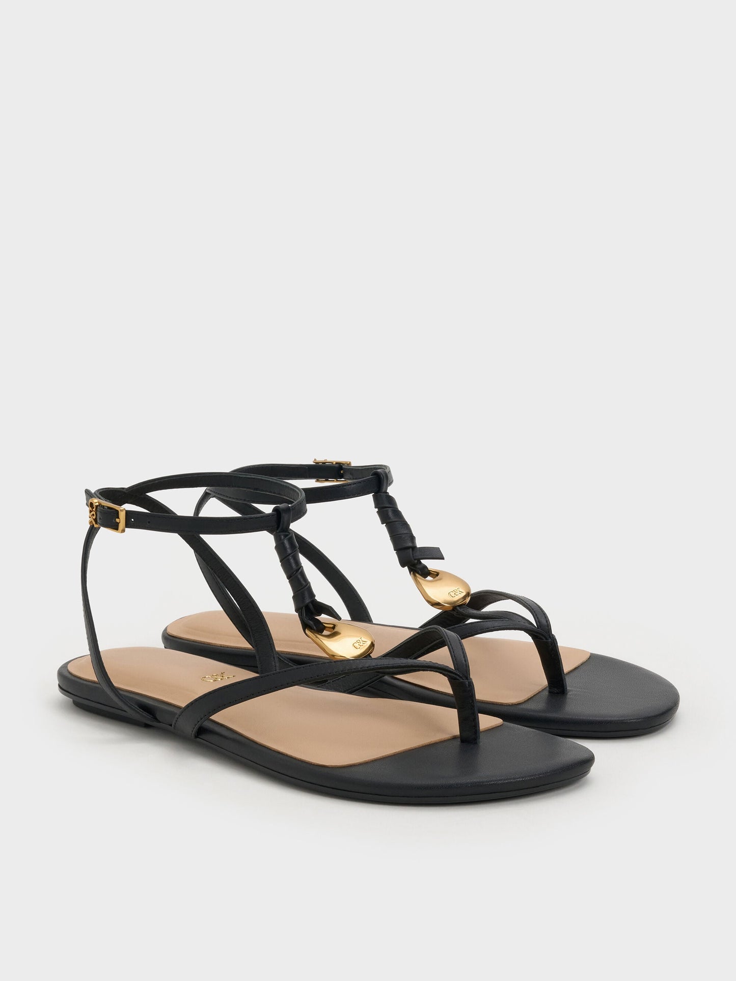 Adema Leather Strappy Thong Sandals - Black | CHARLES & KEITH