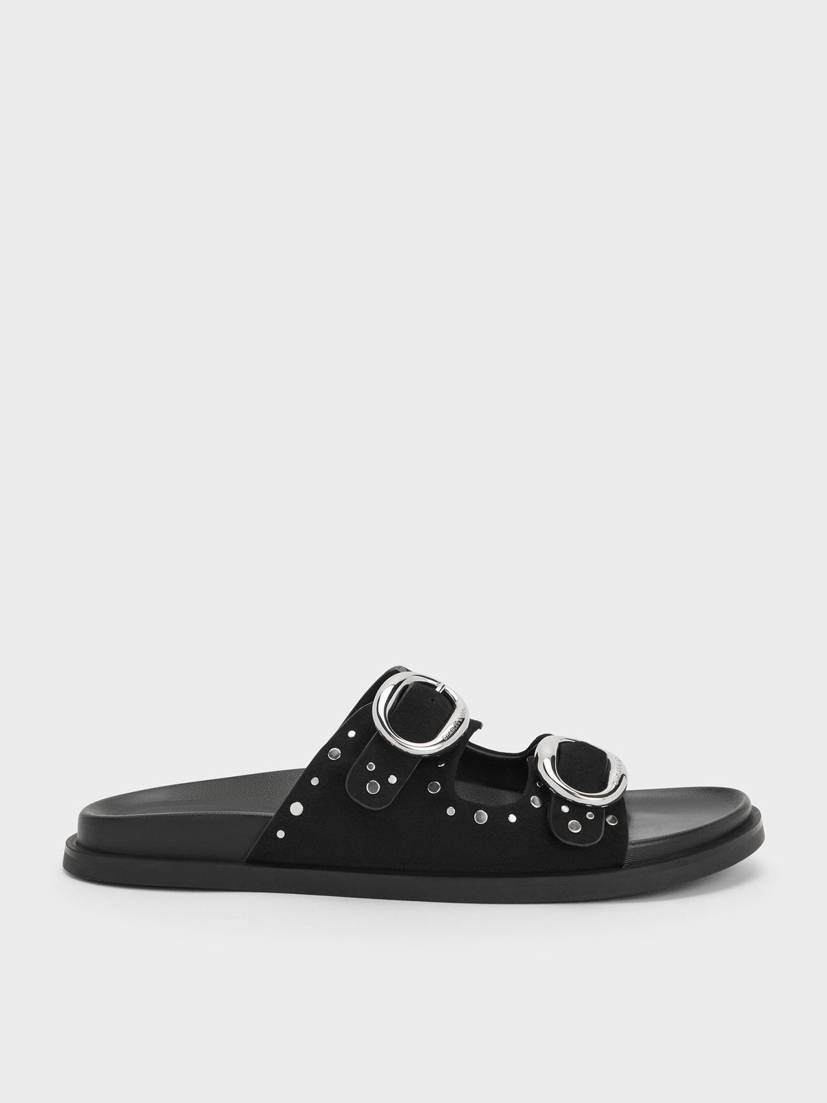 Studded Buckled Double-Strap Slides - Black | CHARLES & KEITH