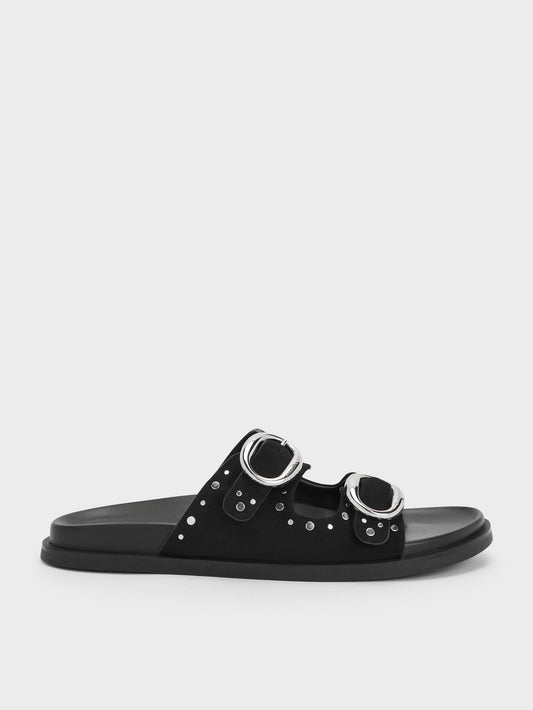 Studded Buckled Double-Strap Slides - Black | CHARLES & KEITH