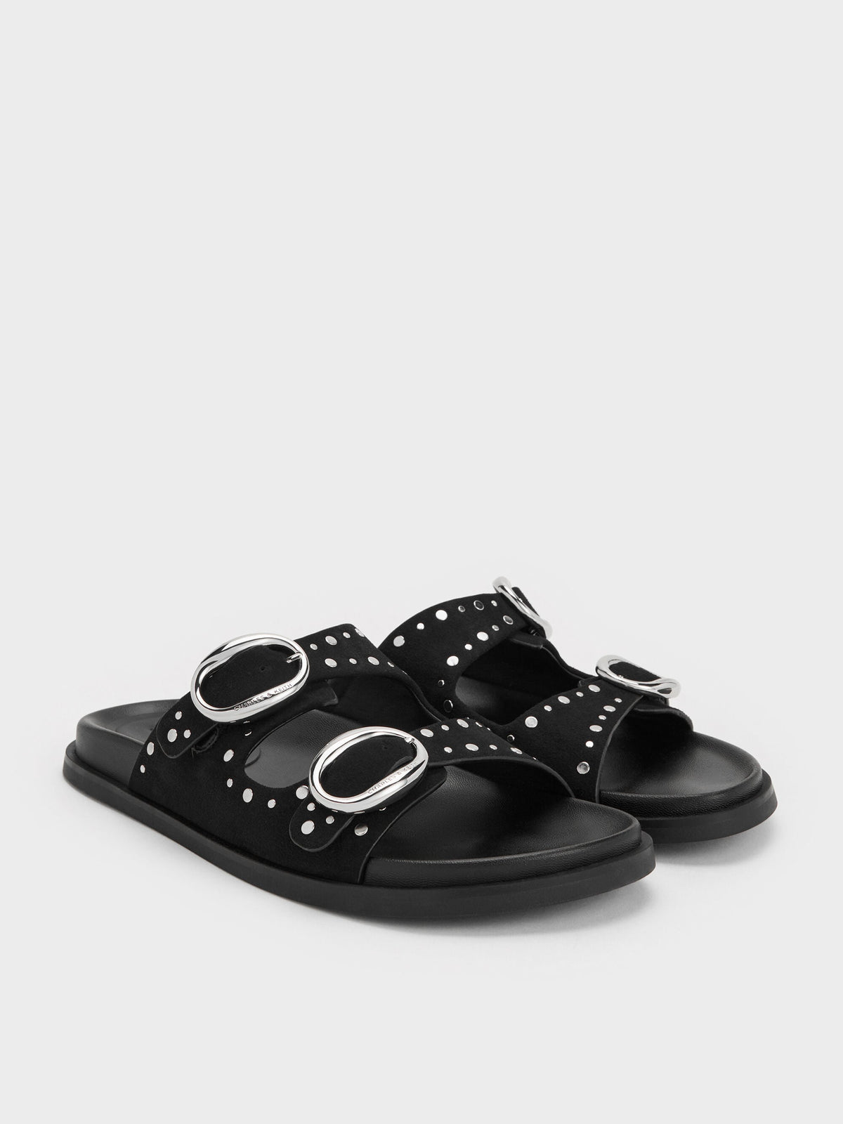 Studded Buckled Double-Strap Slides - Black | CHARLES & KEITH