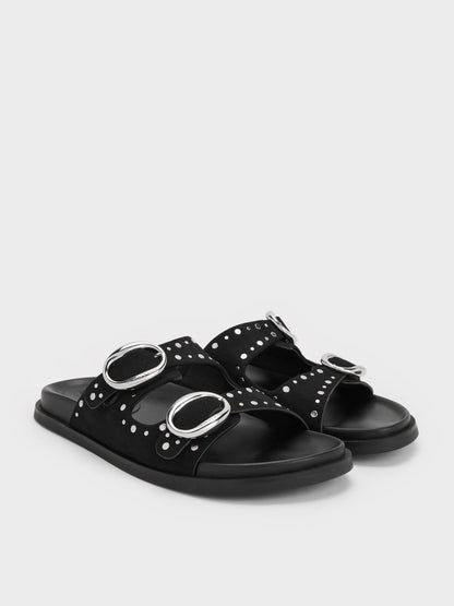 Studded Buckled Double-Strap Slides - Black | CHARLES & KEITH