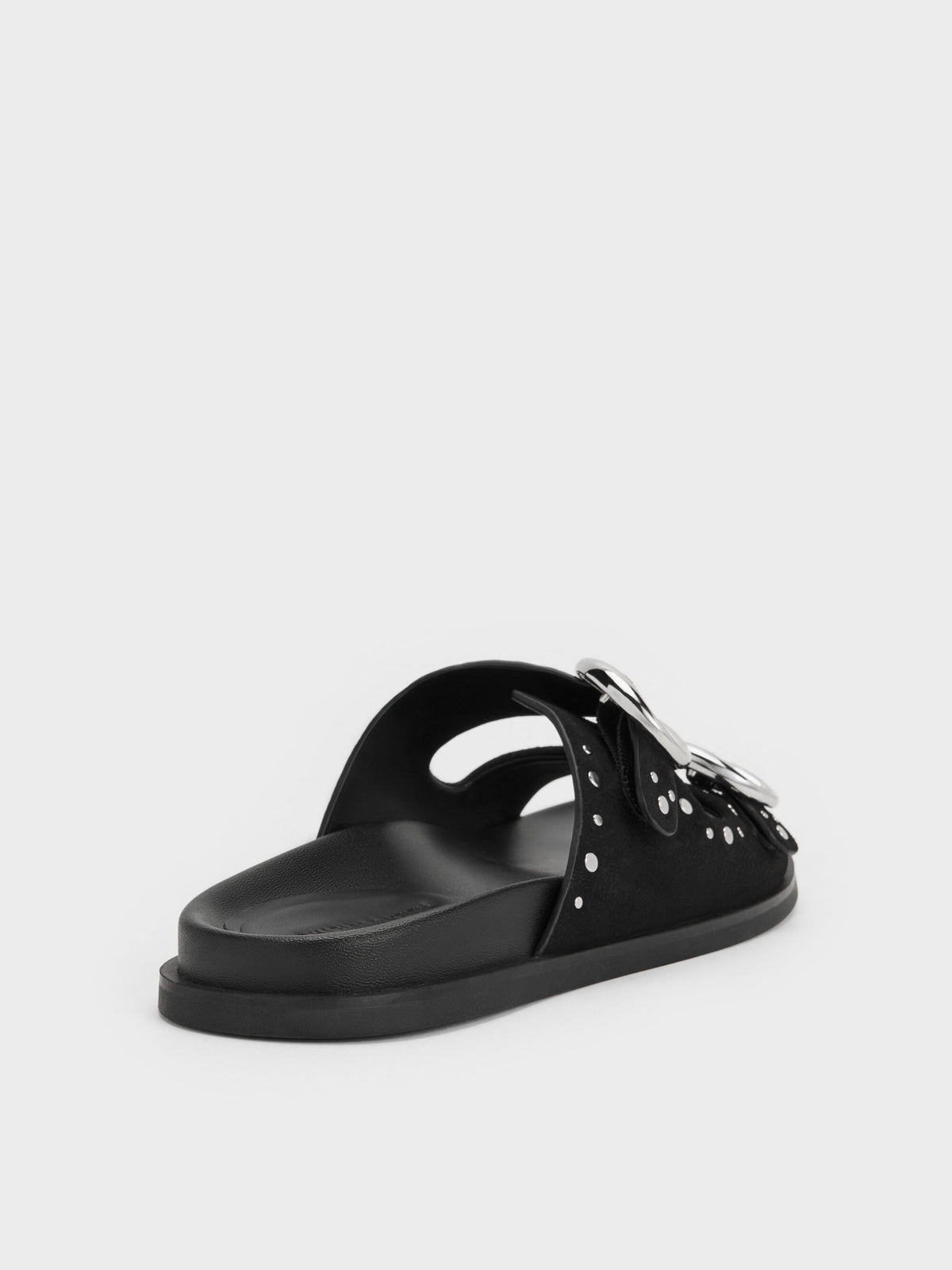 Studded Buckled Double-Strap Slides - Black | CHARLES & KEITH