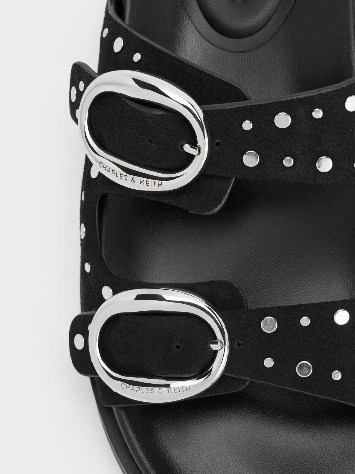 Studded Buckled Double-Strap Slides - Black | CHARLES & KEITH