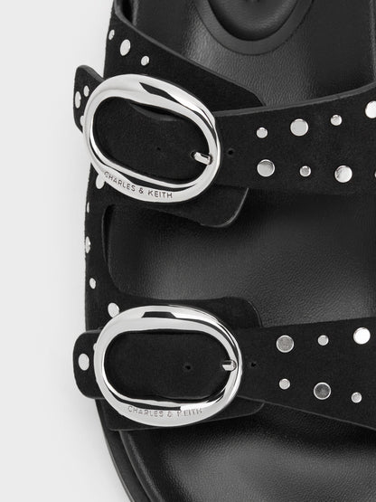 Studded Buckled Double-Strap Slides - Black | CHARLES & KEITH