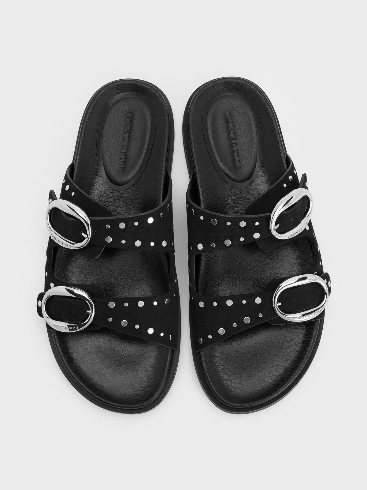 Studded Buckled Double-Strap Slides - Black | CHARLES & KEITH