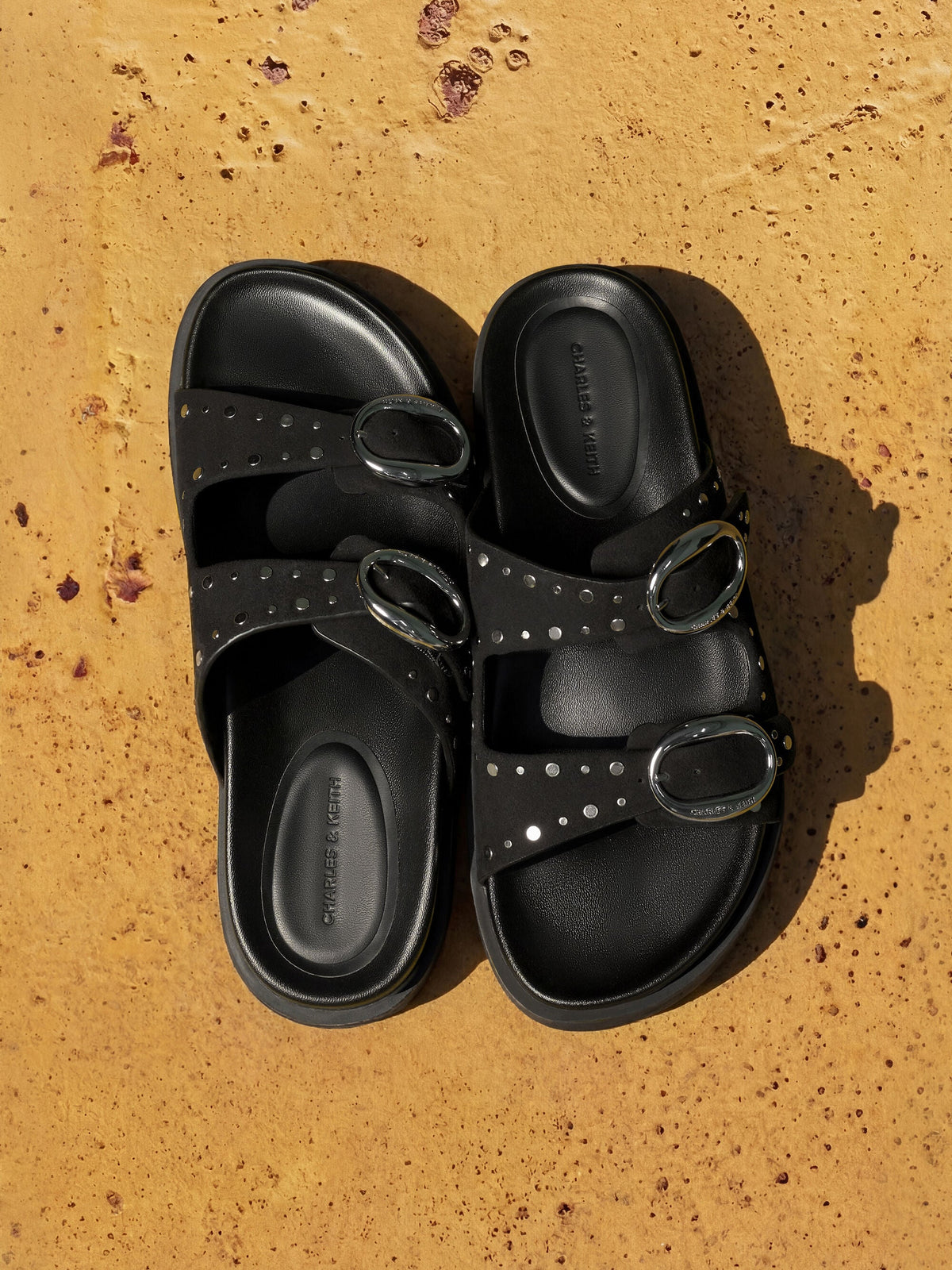 Studded Buckled Double-Strap Slides - Black | CHARLES & KEITH