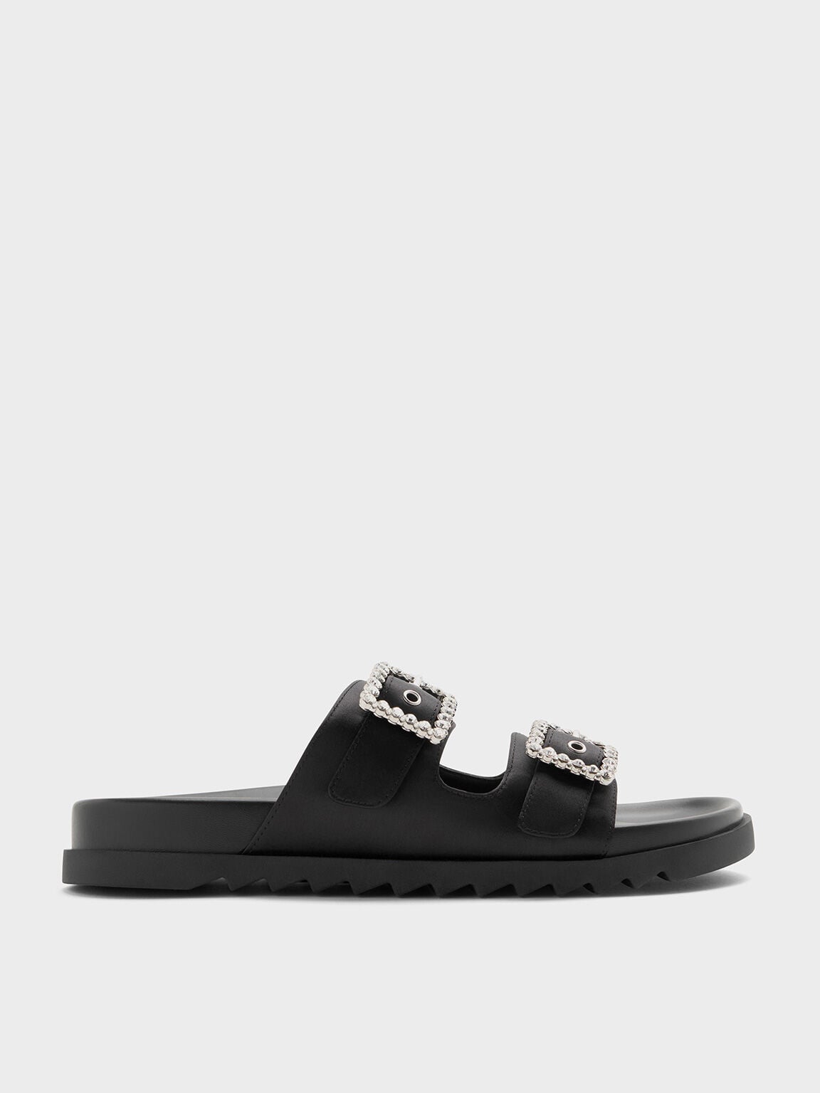 Gem-Buckle Double-Strap Sandals - Black Textured | CHARLES & KEITH