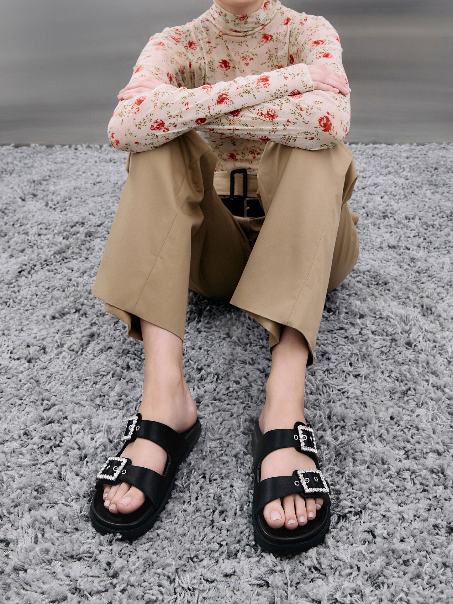 Gem-Buckle Double-Strap Sandals - Black Textured | CHARLES & KEITH