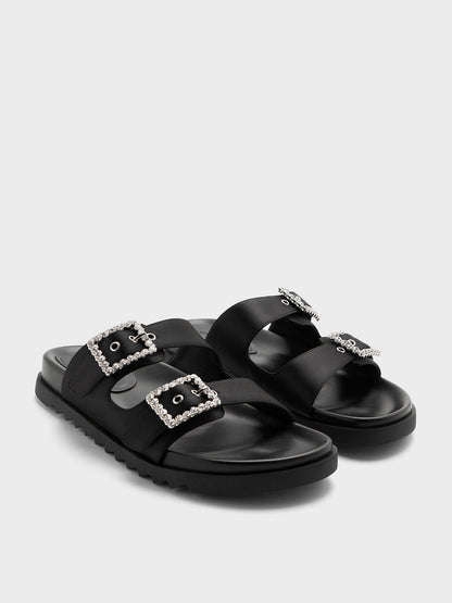 Gem-Buckle Double-Strap Sandals - Black Textured | CHARLES & KEITH