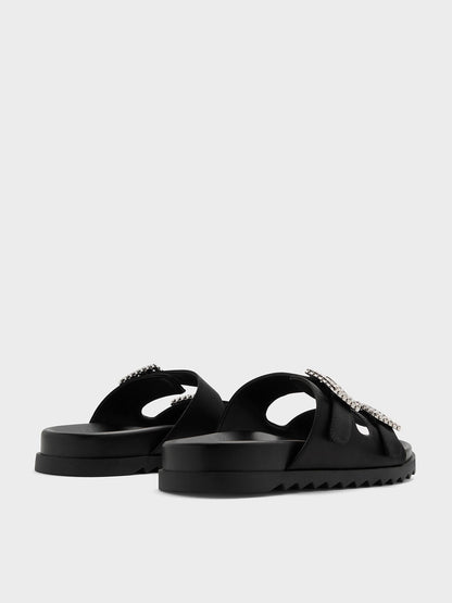 Gem-Buckle Double-Strap Sandals - Black Textured | CHARLES & KEITH