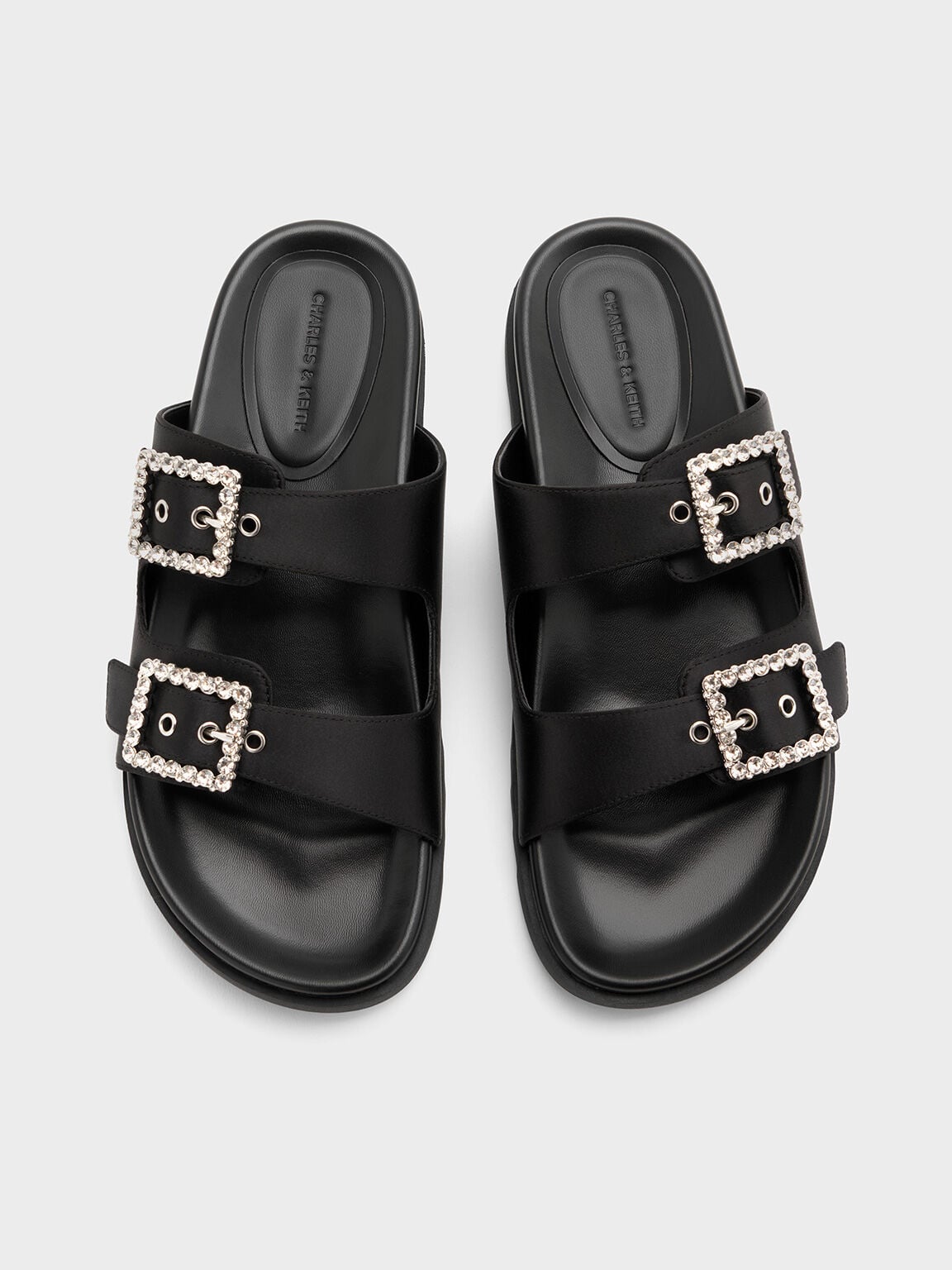 Gem-Buckle Double-Strap Sandals - Black Textured | CHARLES & KEITH