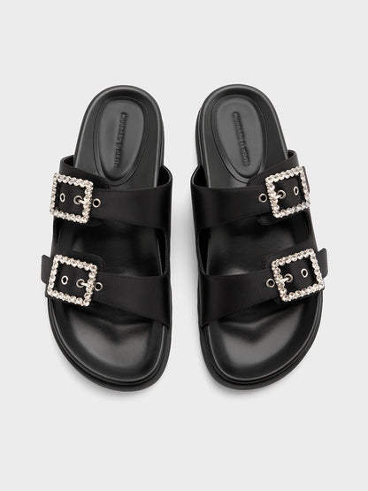 Gem-Buckle Double-Strap Sandals - Black Textured | CHARLES & KEITH
