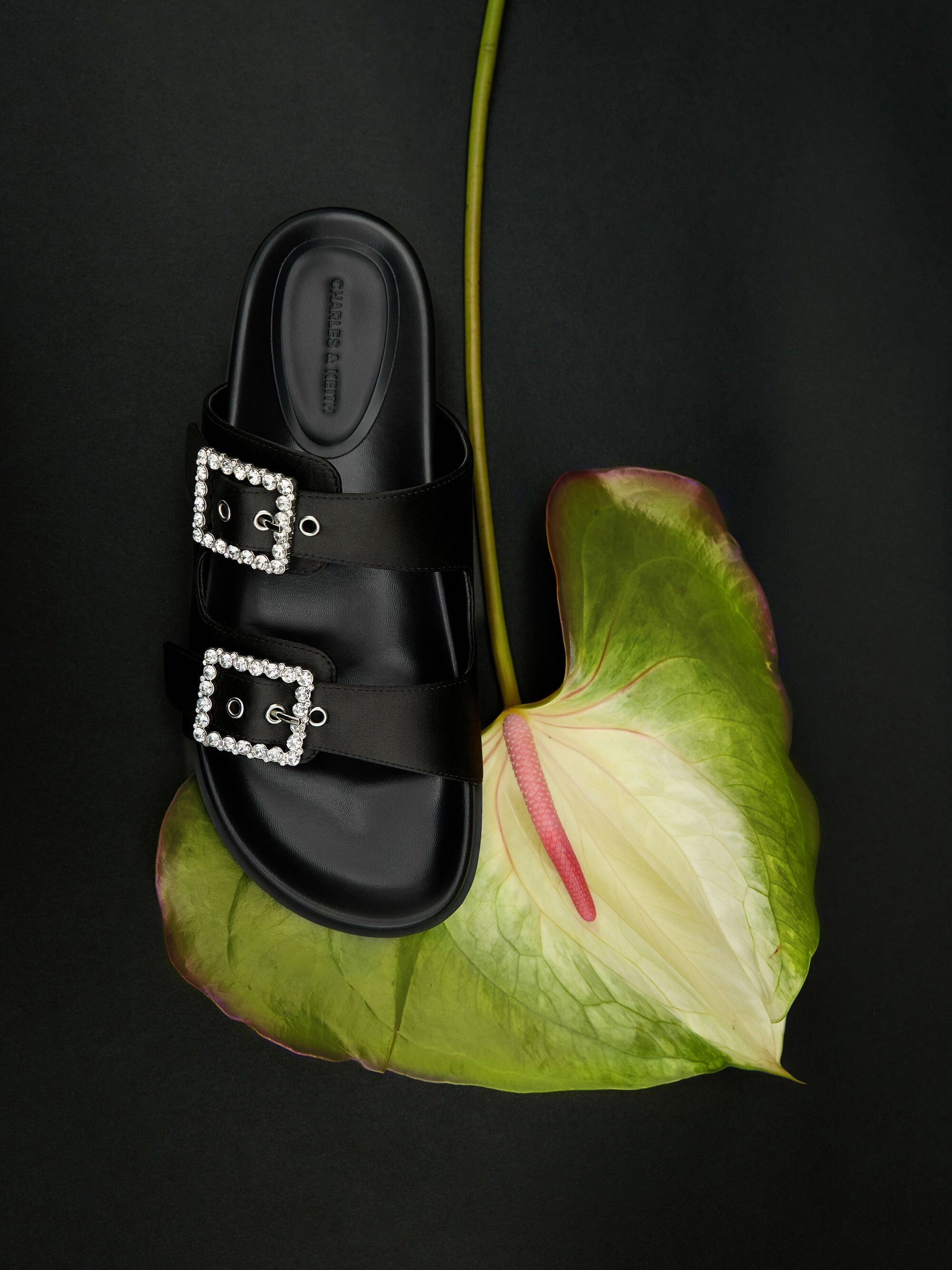 Gem-Buckle Double-Strap Sandals - Black Textured | CHARLES & KEITH