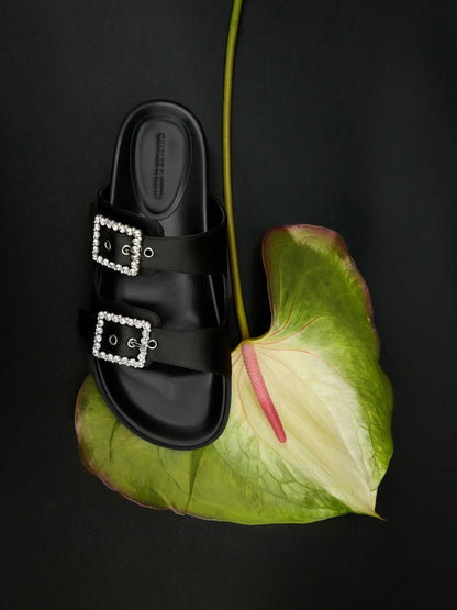 Gem-Buckle Double-Strap Sandals - Black Textured | CHARLES & KEITH
