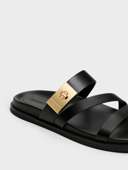 Aelin Metallic-Buckle Strappy Sandals - Black | CHARLES & KEITH
